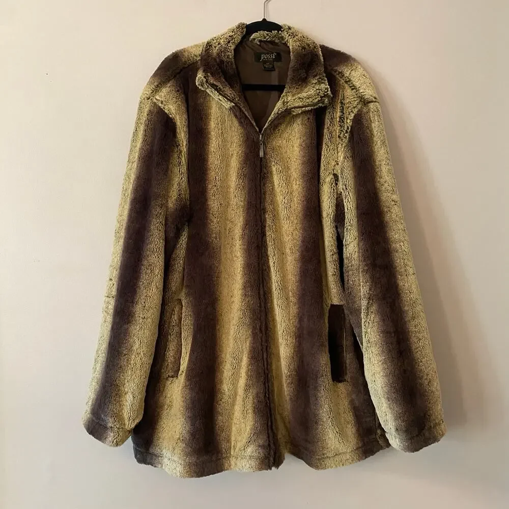 Possi New York Vintage Mobwife Brown Faux Fur Long Coat Striped Women's size XXL